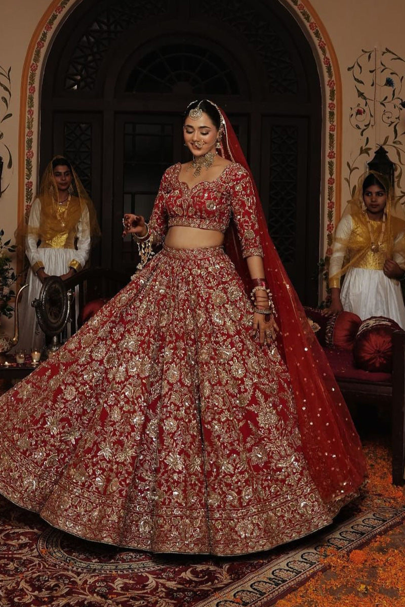 Maroon Velvet Bridal Lehenga